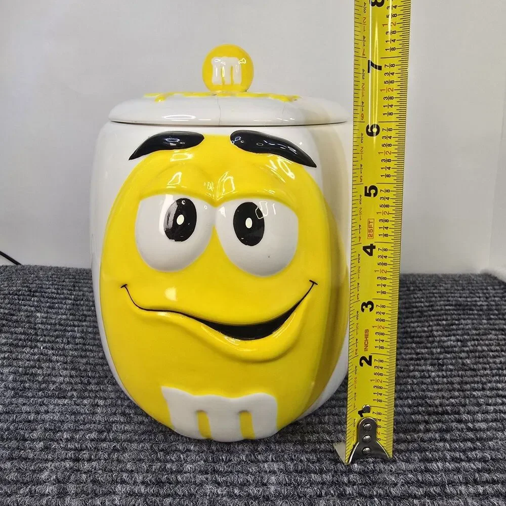 2003 Galerie Yellow M & M Ceramic Cookie Candy Jar Vintage Canister w/ Lid READ
